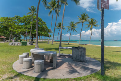 Scenic view of palm trees against sky