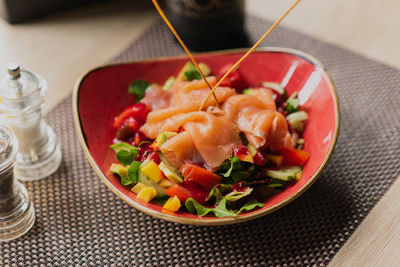 High angle view of food in plate on table