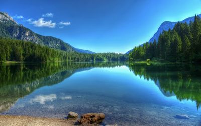Scenic view of lake and mountains against sky