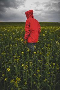 Man standing amidst yellow flowers on field against sky
