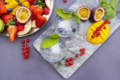 High angle view of fruits served on table