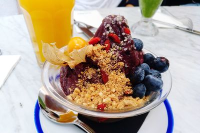 High angle view of breakfast served on table