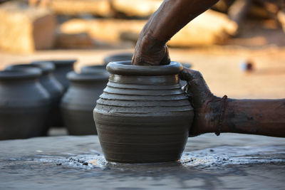 Close-up of worker working on wood