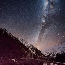 Scenic view of mountains against sky at night