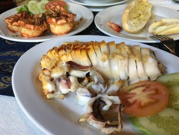 High angle view of food served on table