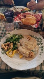 High angle view of food served on table