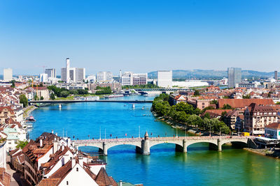 Scenic view of river and buildings against clear blue sky