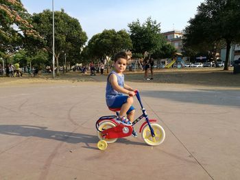 Boy riding bicycle on tree