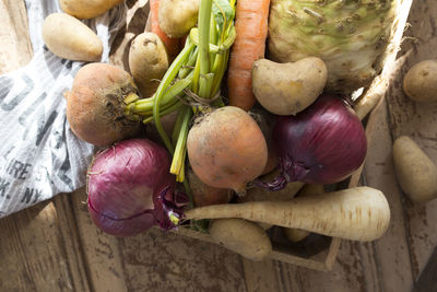 High angle view of vegetables on table