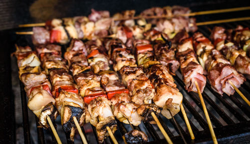 Close-up of meat on barbecue grill