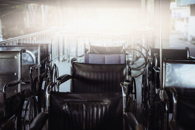 High angle view of empty wheelchairs on floor