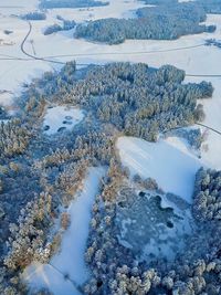 Two frozen lakes inside the woods and snow covered fields