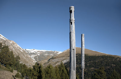 Low angle view of mountain against clear blue sky