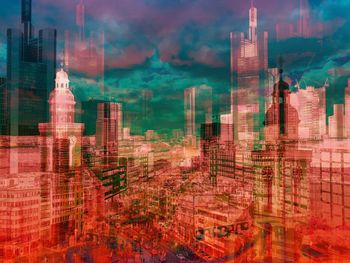 Digital composite image of buildings in city against sky