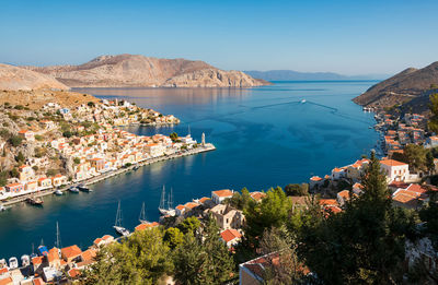 High angle view of town by sea