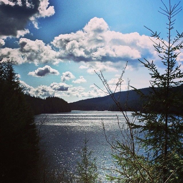 water, sky, tranquil scene, tranquility, lake, tree, scenics, beauty in nature, bare tree, nature, cloud - sky, cloud, mountain, blue, river, reflection, day, non-urban scene, outdoors, landscape