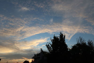 Low angle view of silhouette trees and building against sky