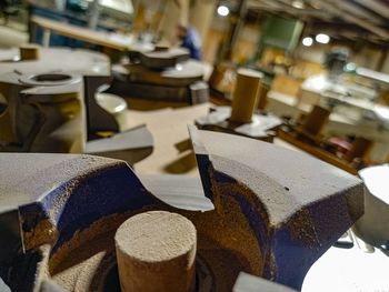 High angle view of objects on table