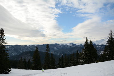 Scenic view of snow covered mountains