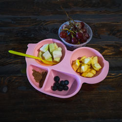 High angle view of fruits in bowl on table