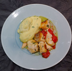 High angle view of food in plate on table