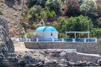 Church with blue roof near stegna on the eastside of rhodes island, greece