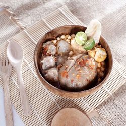 High angle view of food in plate on table