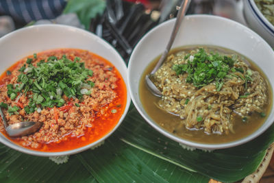 High angle view of meal served on table