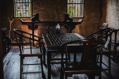 Empty chairs and table in room