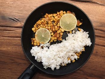 High angle view of food in plate on table