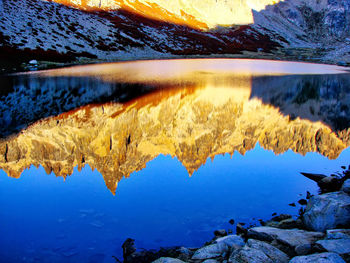 Reflection of rocks in lake during winter