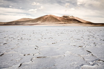 Salt crust in the shore of lagoon and salt lake tuyajto, altiplano, atacama desert, chile.