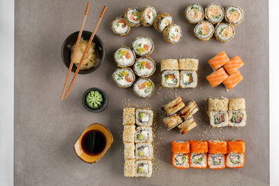 Directly above shot of sushi served on plate