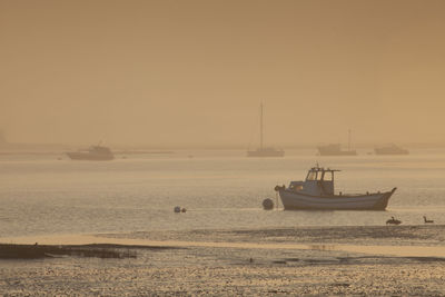 Boats sailing in sea against clear sky