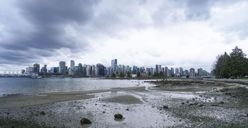 Panoramic view of sea and buildings against sky