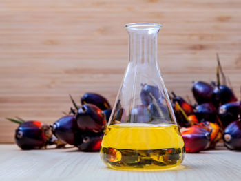 Close-up of oil in bottle on table