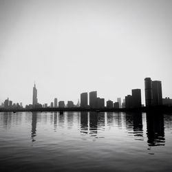 Reflection of cityscape in water against clear sky