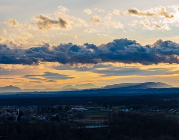 High angle view of townscape against sky during sunset