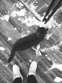 Low section of man standing on tiled floor