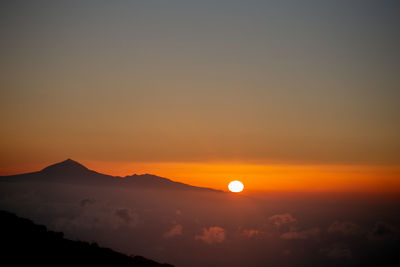 Scenic view of silhouette mountains against romantic sky at sunset