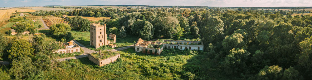 High angle view of buildings in forest