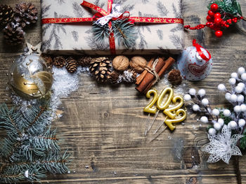 High angle view of christmas tree on table