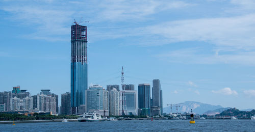 View of skyscrapers against cloudy sky