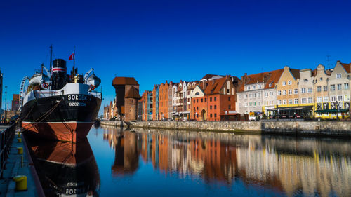 Panoramic view of buildings against clear blue sky