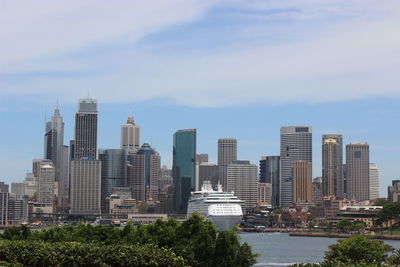 City skyline against cloudy sky