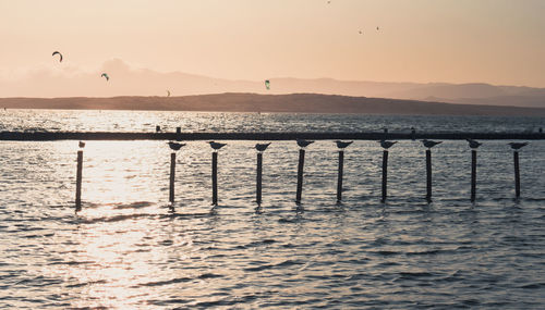 Scenic view of sea and birds against sky during sunset