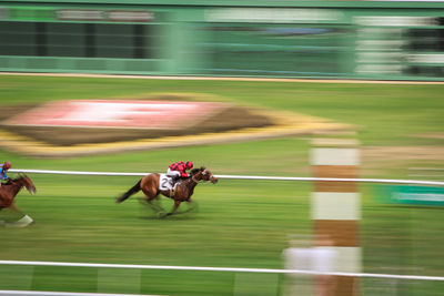 Blurred motion of jockeys riding horses in race