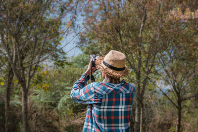 Man photographing trees in forest