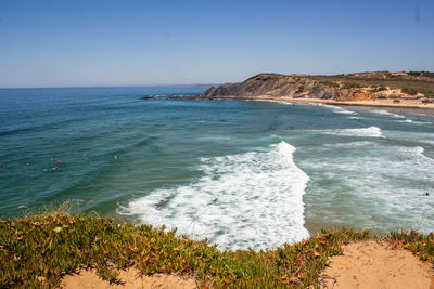Scenic coast view of sea against clear sky