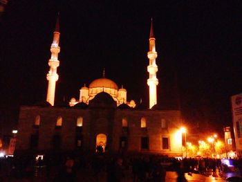 View of church lit up at night